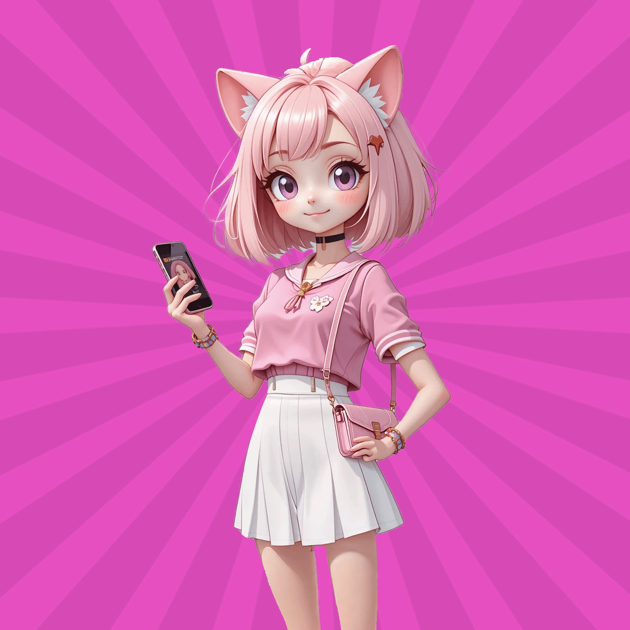 Amica — personagem oficial da Promo de Amiga, sorrindo e segurando um celular
